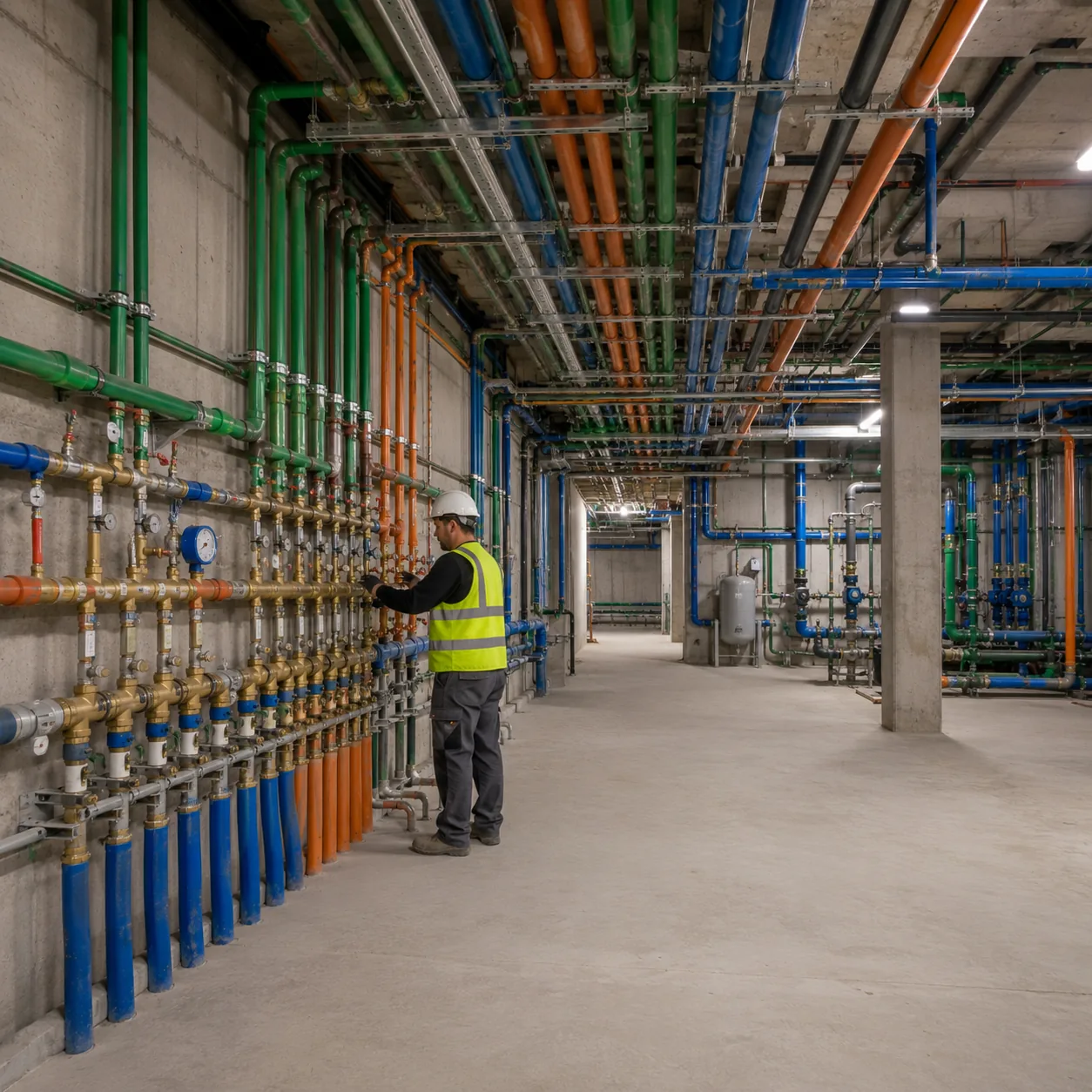 Colour-coded green, blue, and orange plumbing pipes along concrete walls with a worker in a yellow vest